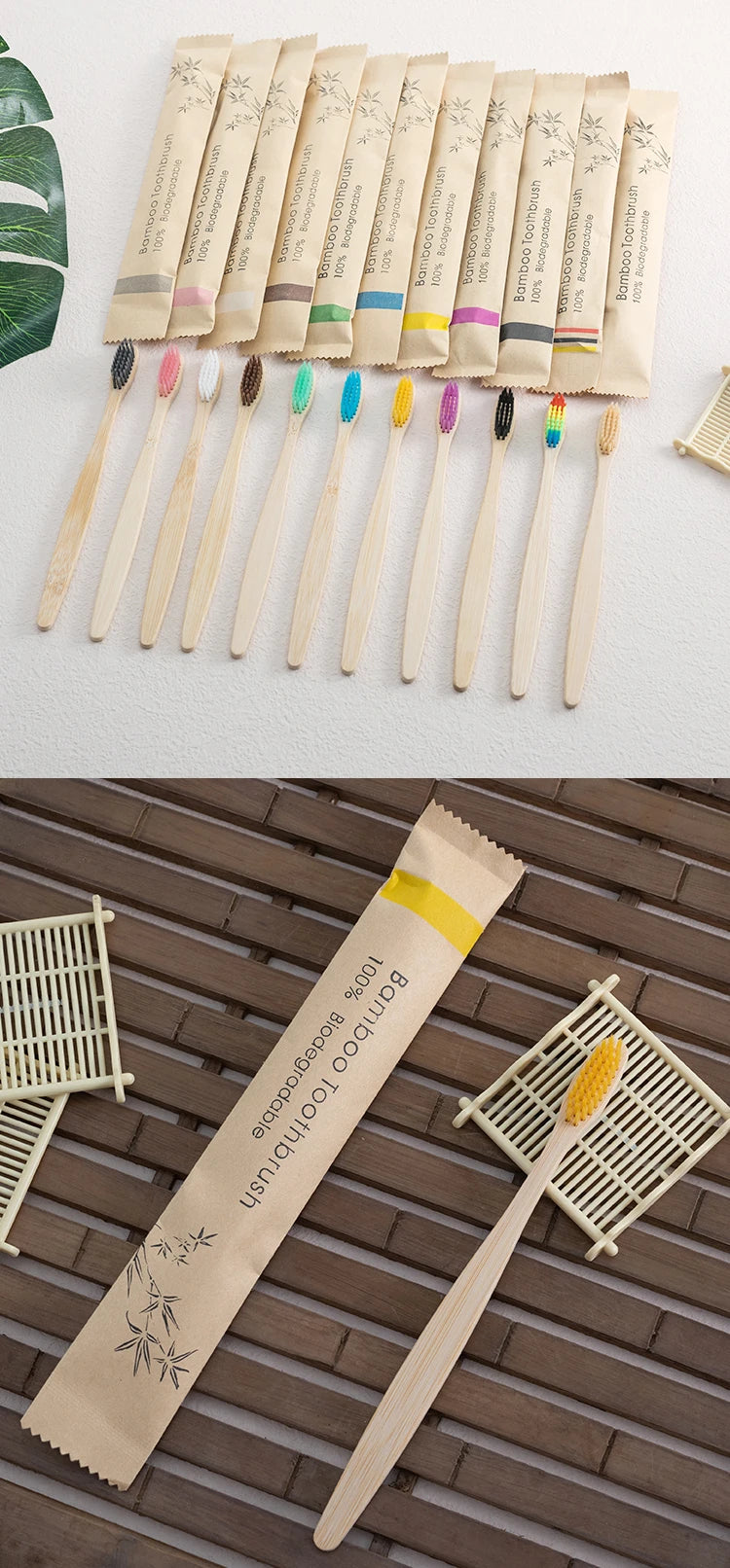 Single Cowhide Wrapped Bamboo Toothbrush.