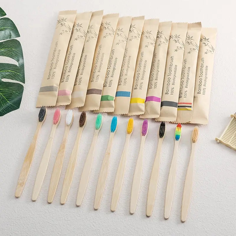 Single Cowhide Wrapped Bamboo Toothbrush.